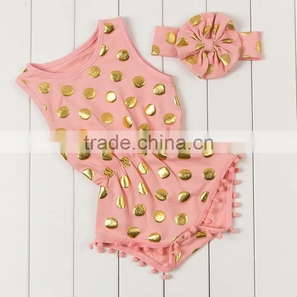 Popular Gold Dot Printed Kids Jumpsuit Harem Pompom Headbands Baby Sleeveless Romper photo-4