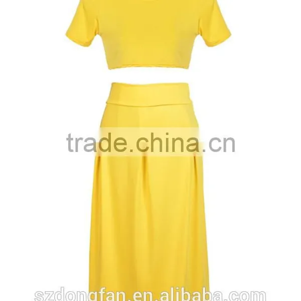 Wholesale 2016 New Fashion Ladies Women Dress Elegant Two Pieces Female Dress Summer Women Crop Tops Blouse Pleated Yellow Long photo-2