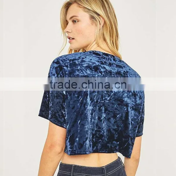 Slight Blink Crushed Velvet O-neck Short Sleeves Cropped t Shirt Tank Tops photo-6