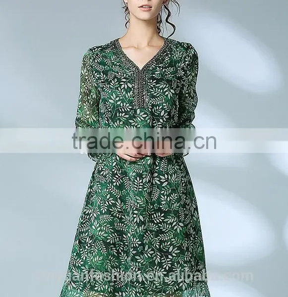 Ladies Elegant Party Dress Chiffon Leaf Bead Loose Prom Dress 2017 photo-2