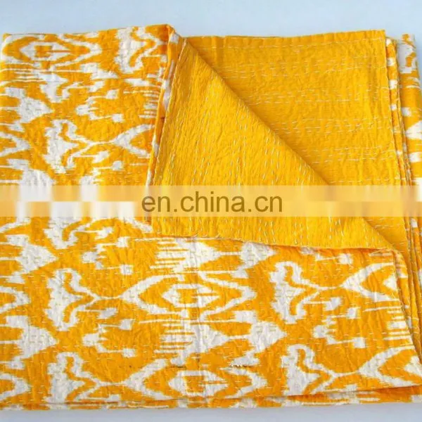 Yellow Ikat Queen Kantha Quilt Ikat,Indian Sari Queen Bedding Blanket photo-3