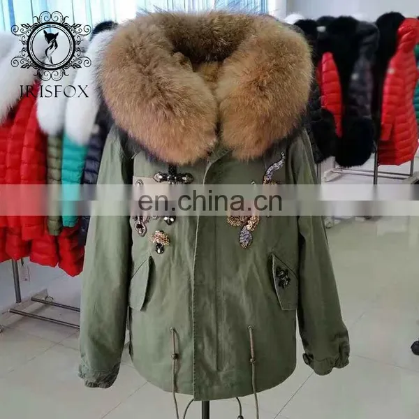 $345 Winter Clothing Fashion Raccoon Fur Collar Army Green Beading Jacket Manufacturer