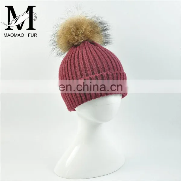 Kids Funny Hat With Big Genuine Raccoon Fur Ball Winter Knit Hat Baby Crochet photo-2