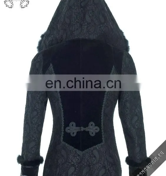 Gothic Long Coat With a Hood Trimmed With Natural Rabbit Fur photo-3