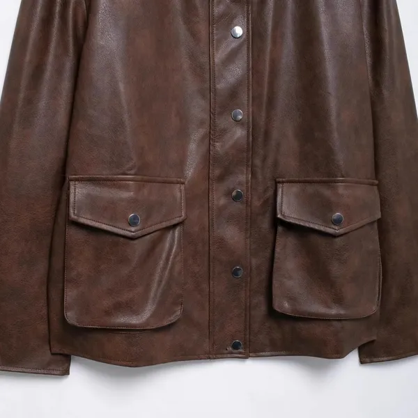 New Women's Vintage Loose Casual Long-sleeved Pocketed Faux Leather Blazer With Collar. photo-3