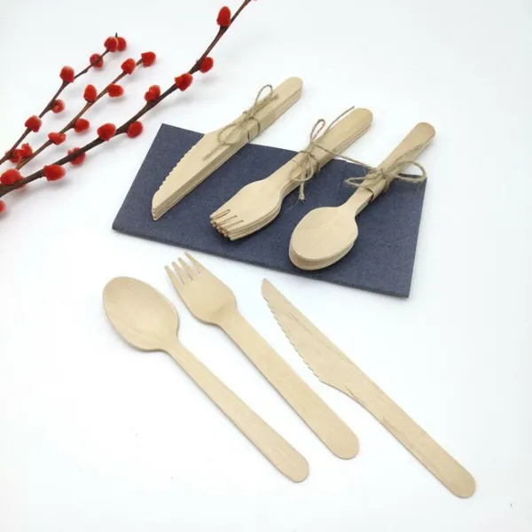Disposable Cooking Utensils Natural Wood Knives Spoons Forks Cutlery Sets photo-3