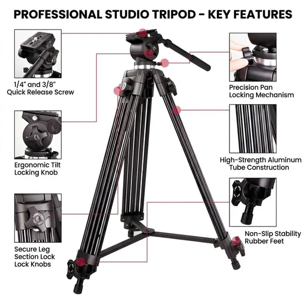 WF 717 Fluid Head Professional Camcorder Tripod System for Video Camera Record Live Streaming photo-5