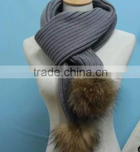2016 Winter Newest Fashion 100% Real Raccon Fur Pompom Wool Knitted Women Crochet Scarf photo-6