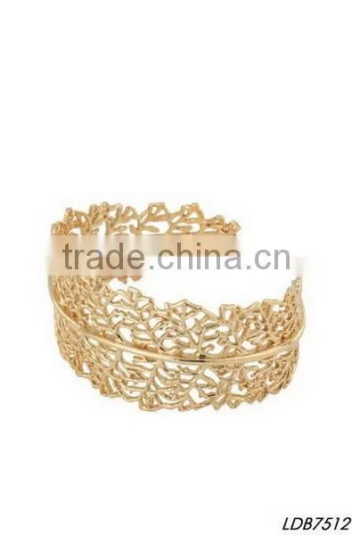 Filigree Leaf Golden Cuff Bangle Fashion GYPSY Boho Engraved Wide Bangle Bracelet photo-2