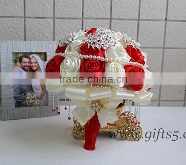 2016 New Design Wedding Bouquet, Silver and Ivory Brooch Bouquet, Red and White Satin Rose Wedding Bouquet photo-3