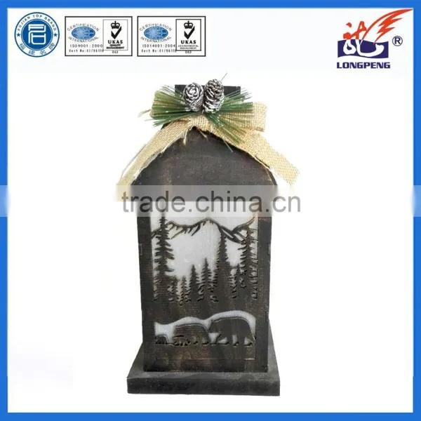 10" Rustic Wooden Lantern With Brown Metal Top and LED Flameless Pillar Candle With Classic Design
