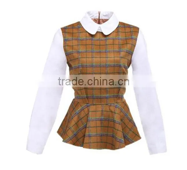 2015 Fashion Cotton Check Chiffon Ruffle Bottom Long Sleeves Direct Manufacturer High Quality Big Sleeve Blouse photo-6