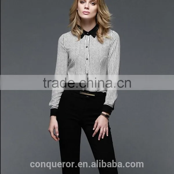 Office Lady Fashion Design Contrast Collar Cuff Striped Shirt photo-2