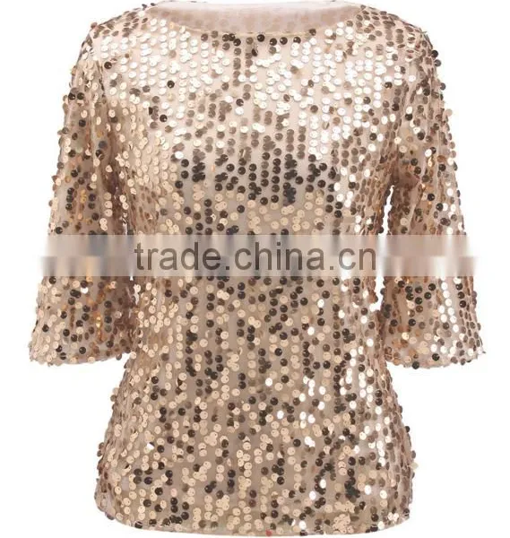 European Style 2017 Spring Women's Fashion Women's Sequin Blingbling T-shirt Brand photo-2