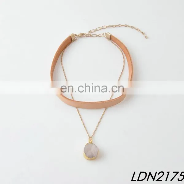 Natural Druzy Stone Pendant Necklace Jewelry Brown Suede Leather Choker Necklace Sets photo-2