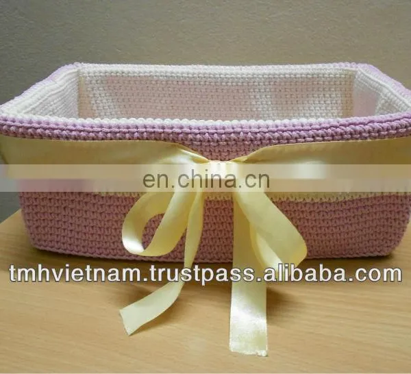 Cream pp Yarn Crochet Holder Basket With Beige Lace