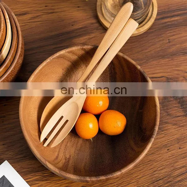 Tableware Wooden Salad Server Reusable Bamboo Serving Bowl Large Wood Round Kitchen Bowl photo-2