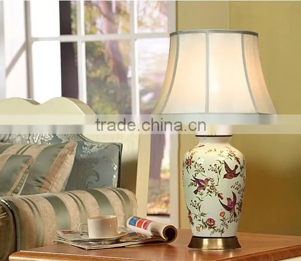 Metal Base In Antique Brass Printing Birds Ceramic Body With Fabric Lampshade Vintage Style Decorative Table Lamp photo-4