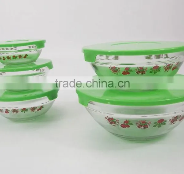 Salad Bowl Christmas Flowers 5 Pcs Glass Bowl Set With Plastic Lids photo-3