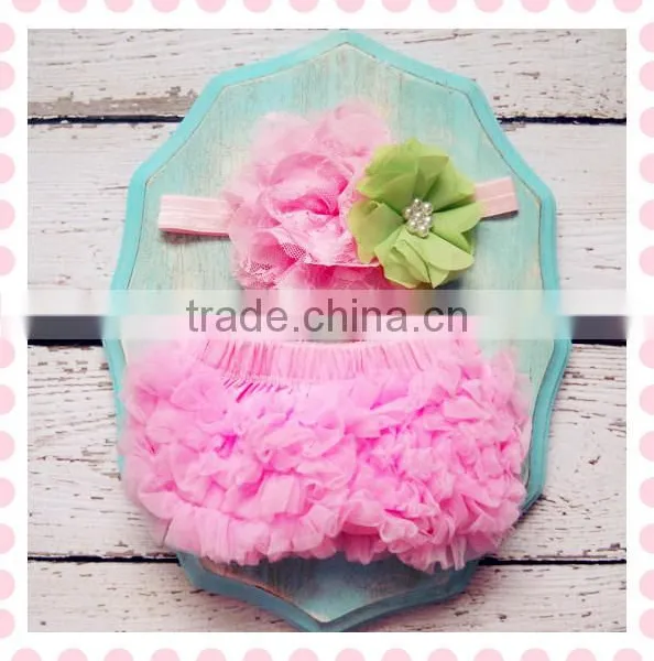 New Born Baby Bloomer 2 Pieces Set Cute Baby Clothing Set Pure Color Ruffle Bloomer Matching Floral Headband photo-2