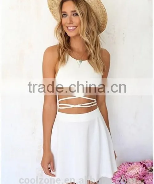 Women Sexy Halterneck Backless Two Piece Crop Tops Mini Skirt Summer Beach Dress photo-2