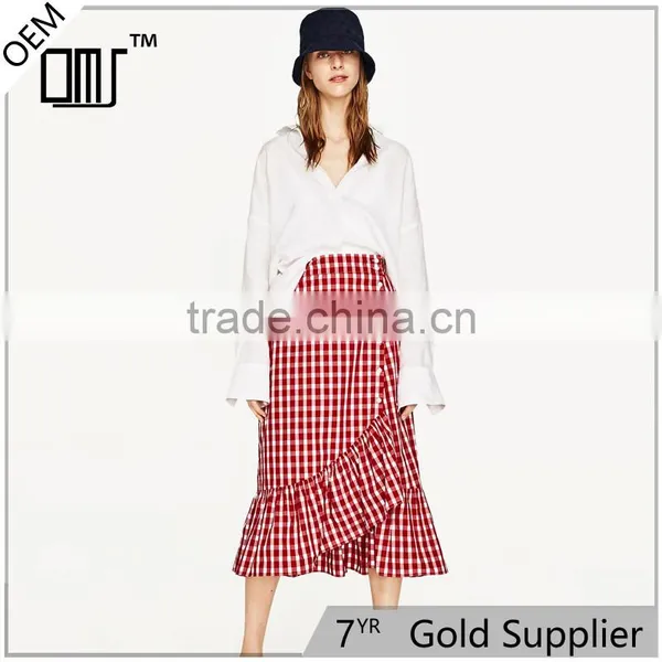 2017 NewestFront Button Fastening Red Plaid Skirt With Frill Detail photo-6