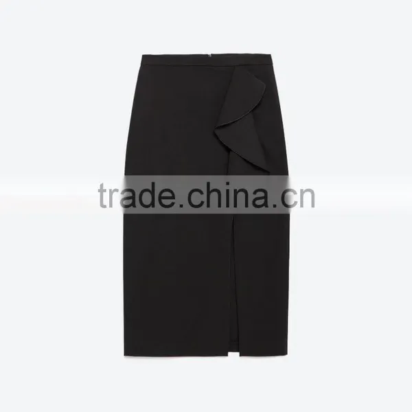 Black Frill Pencil Midi Skirt With Front Split /Bulk Wholesale Clothing Factories photo-4