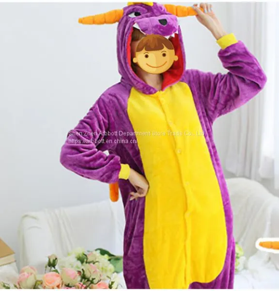 Purple Dinosaur Cartoon Flannel Conjoined Polyester Children Pajamas photo-2