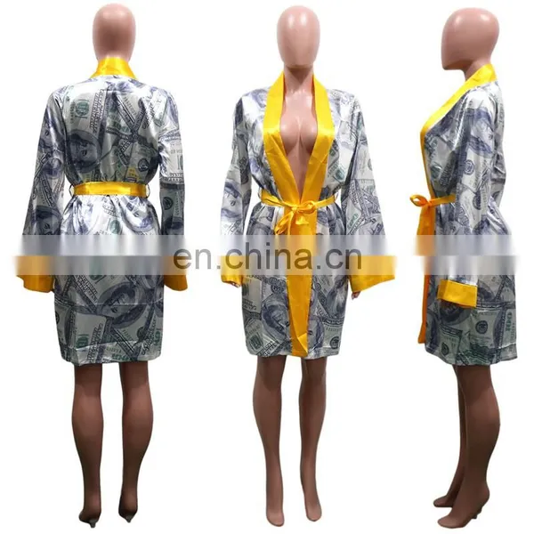 Us Money Dollar Print Fashion Maxi Open Stitch Women Autumn Deep V Neck Long Sleeve Cardigan Vintage Fall Female Party Outerwear photo-6