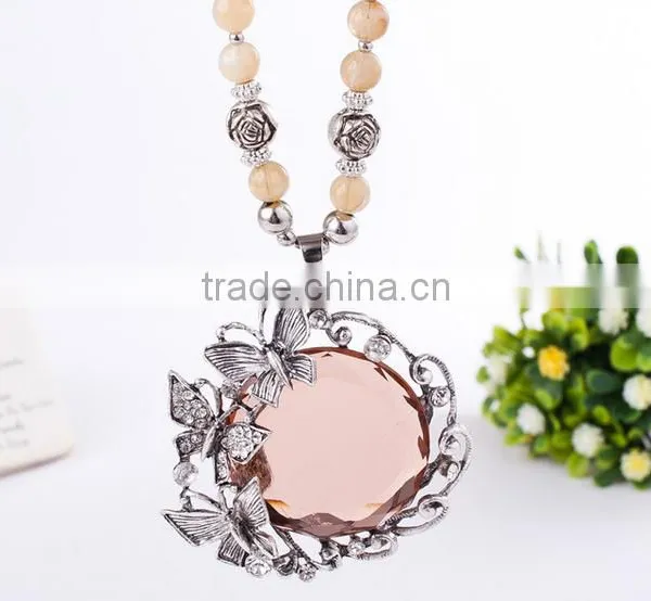 Fashion Jewelry Circle Shaped Crystal Pendant Necklace Beads Chain Long Necklace photo-2