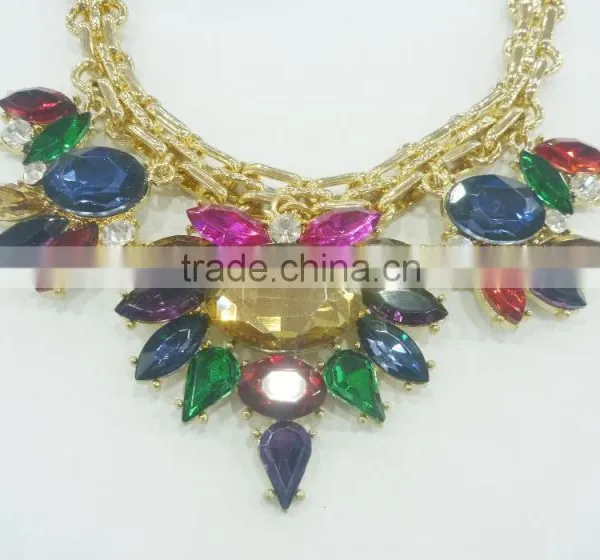 FASHION MULTI COLOR GLASS STONE HAND MADE CHAIN STATEMENT NECKLACE photo-2