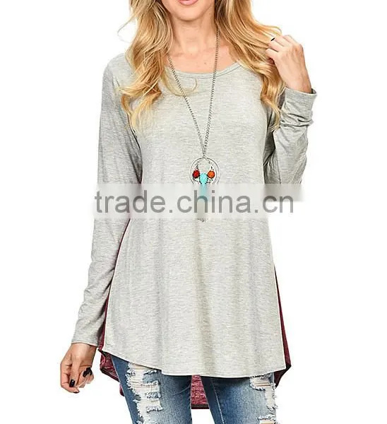 Women Fashion Long Sleeve Heather Gray Charcoal Color Block Hi-Low Tunic Tops Blouses Wholesale photo-5