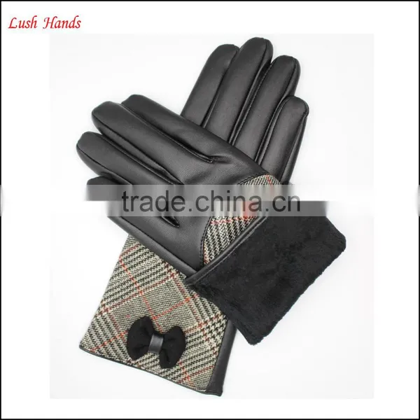 Ladies High-quality Black Leather Gloves With Checked Cloth Handback photo-6