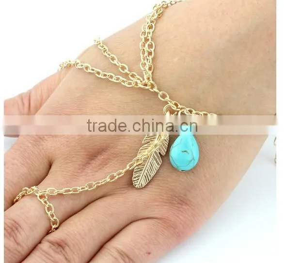 Bohemian Turquoise Bead Leaf Metal Finger Ring Multi Chain Hand Slave Bracelet photo-3