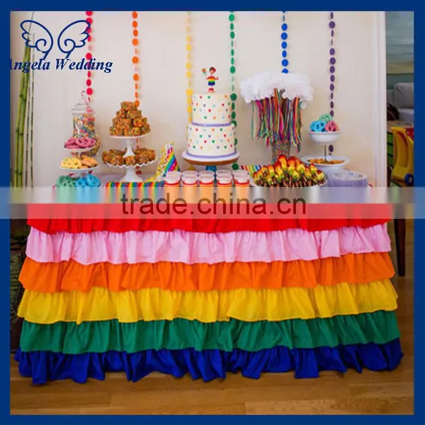 SK003H1 Wedding Hot Sale Six Tiered Polyester Rectangula Ruffled Pleated Colored Rainbow Steps in Bridal Table Skirting