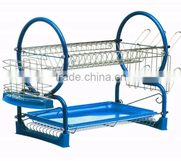 Kawachi Stainless Steel Chrome 2 Tier Dish Drainer Rack Glass Utensil-Blue photo-4
