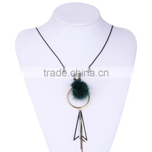 Mink Fur Ball Hoop Triangle Pendant Necklace Hot Selling Geometric Necklace photo-6