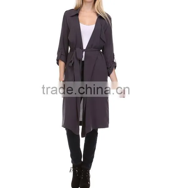 Fashion Modern Apparel Women Trendy Turkey 3/4 Sleeve Plain Spring Winter Coat Charcoal Sheer Trench Long Coat photo-2