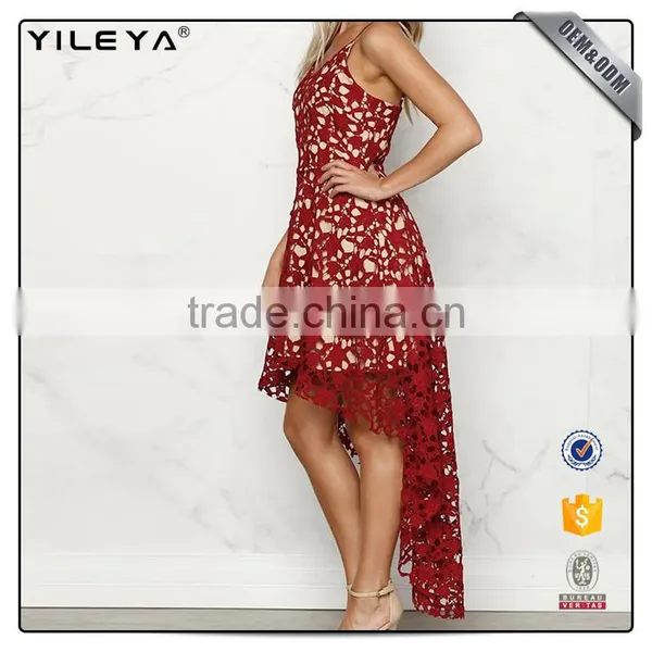 China Dress Manufacturer Women Dress Fashion Short Front Long Back Casual Red Hollow Out Lace Dress photo-2