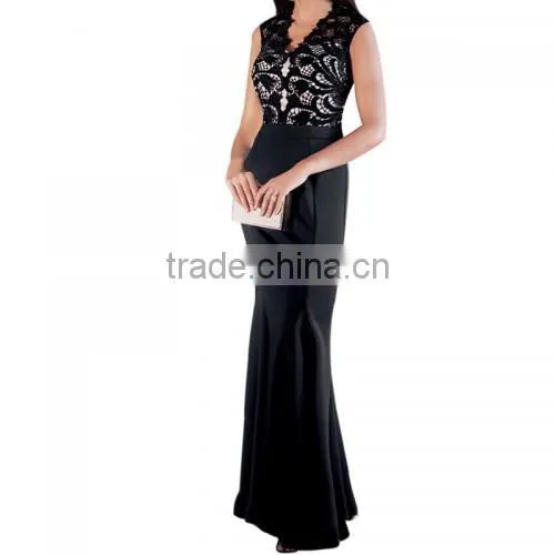 2017women Clothing Manufacturers Guangzhou Evening Dress Supplier Hollow Lace Patchwork Black Dress Evening