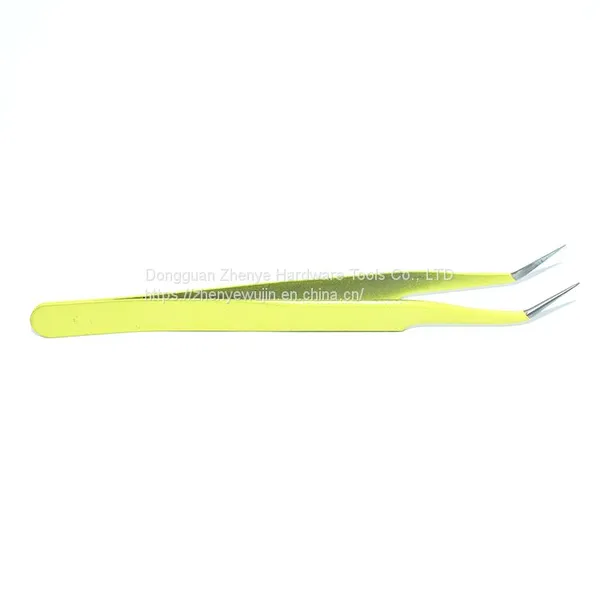 Yellow Stainless Steel Tweezers, Bird's Nest, Hair Picking and Eyelash Beautifying Tools, Electronic Mobile Phone Maintenance, Curved Straight Tip, Thin Tip Clip, Stickers, Cute photo-2