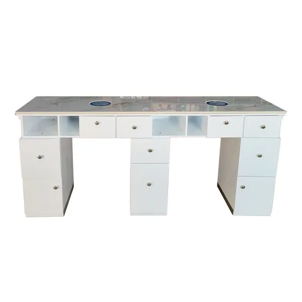 Luxury White Leather Tufted Nail Table for Nail Manicure Salon With Dust Collector & Drawers for Workshops photo-3