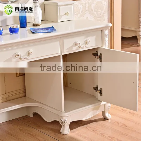 Luxury Antique European French Baroque Style Ivory White Hand Carved Wooden MDF Vanity Dressing Table Set photo-4