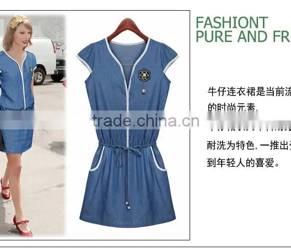 2015 Casual Women Newest Denim Dress High Qality Sleeveless Ladies Fashion Denim Dress With Flower photo-6