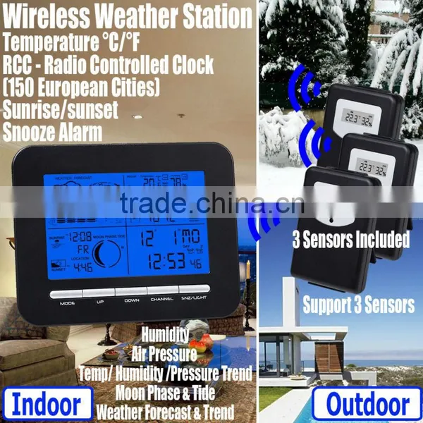 In/Outdoor Temperature Humidity RCC DCF With 3 Sensors Wireless Weather Station photo-2