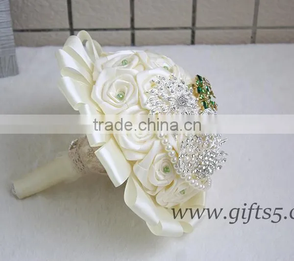 Graceful Wedding Bouquet With Rhinestones Satin Silk Ribbons Pearls Jewels Bridal Bouquet Bridesmaid Bouquet photo-3