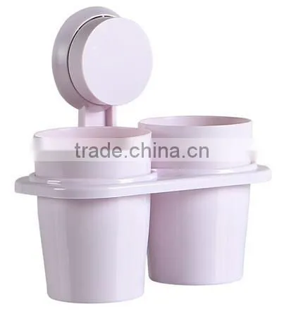 Sucker Hanging Plastic Two Cup Toothbrush Holder photo-2