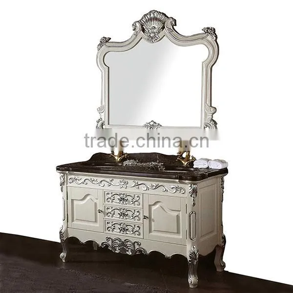 Italian Neo Classic White and Golden Custom Solid Wood Single Basin Bathroom Cabinet With White Marble Countertop BF12-06134a photo-4