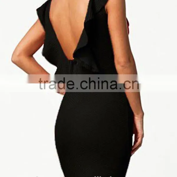 2016 Sexy Black Open Back Ruffle Knit Bodycon Evening Dress HSD2207 photo-3
