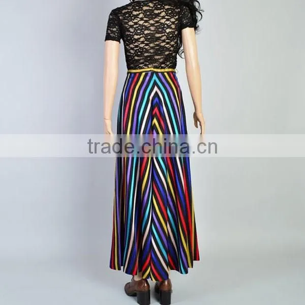 Fashion Summer High Waist Rainbow Color Viscose Chevron Stripe Maxi Skirt photo-4